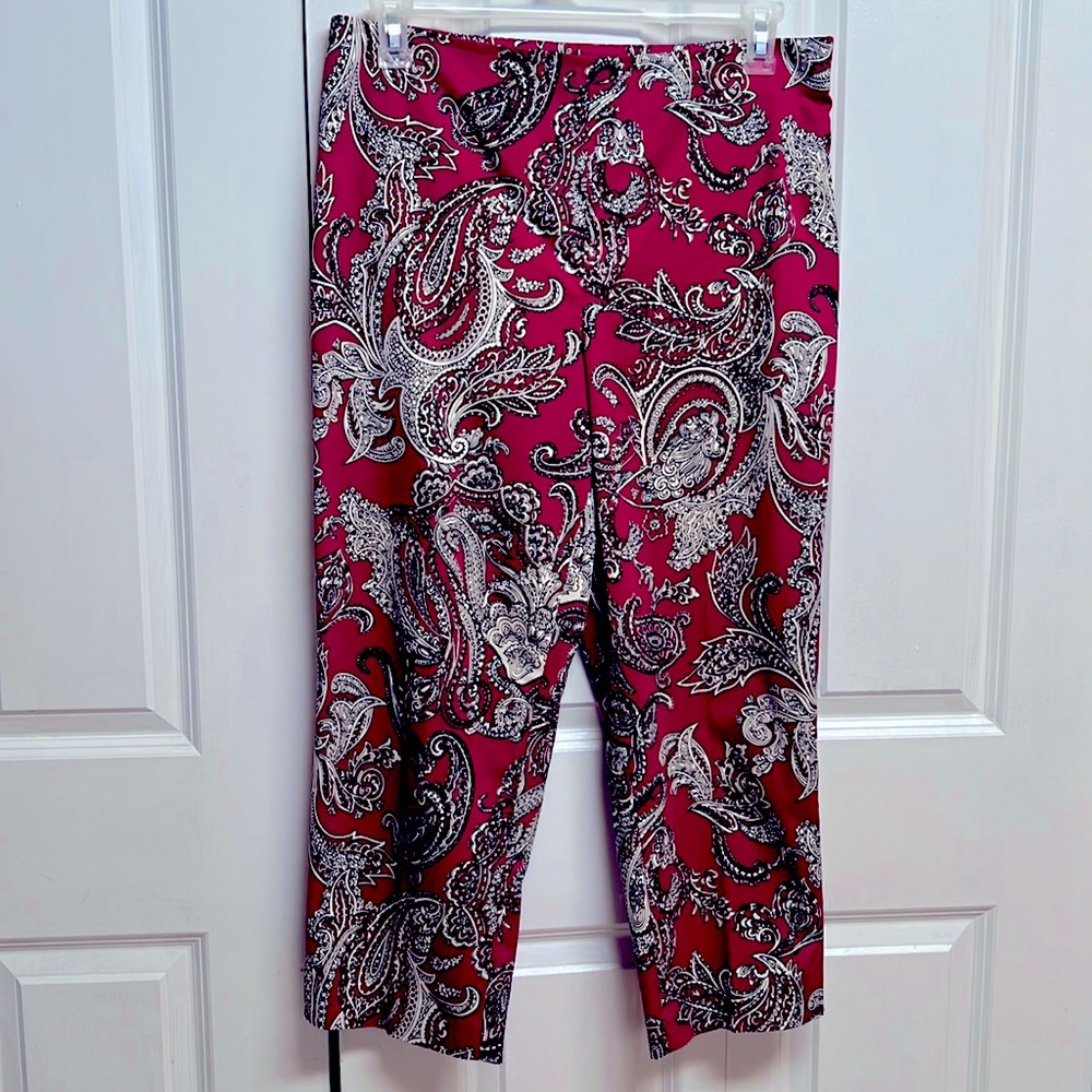 Talbots Pink Black White Paisley Print High Rise Cotton Stretch Crop Pants 12P